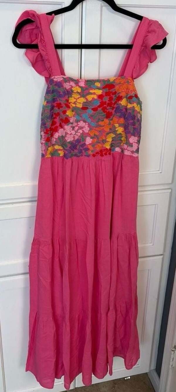 BOHO J. Marie Pink Cottagecore Floral Embroidered Tiered Maxi Summer Dress, M